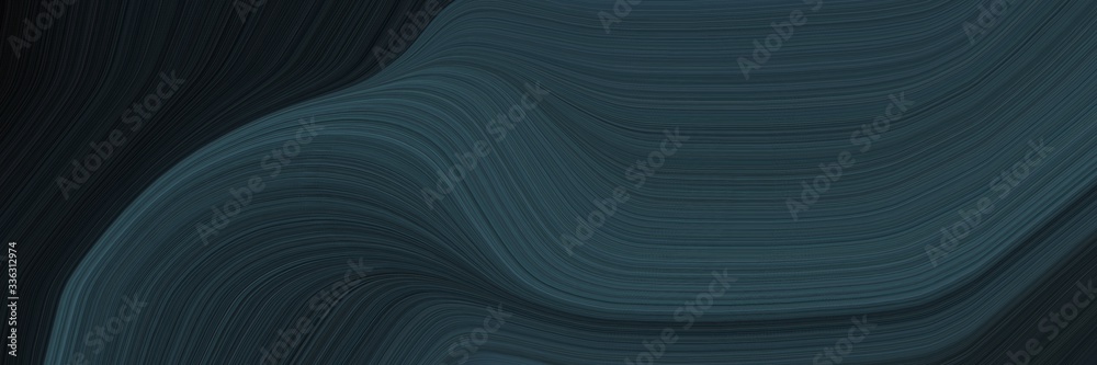 Poster elegant decorative designed horizontal banner with very dark blue, black and dark slate gray colors. fluid curved lines with dynamic flowing waves and curves