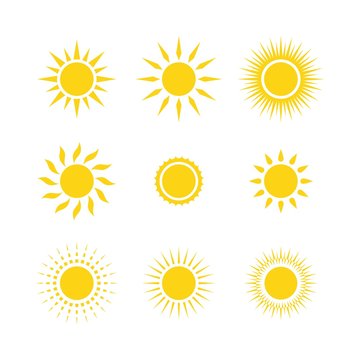 Sun yellow logo vector on white background. Sun design for weather, summer, spring.