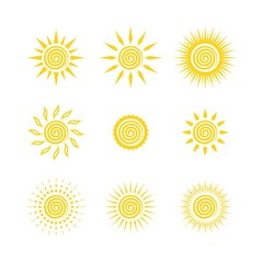 Sun yellow logo vector on white background. Sun design for weather, summer, spring.