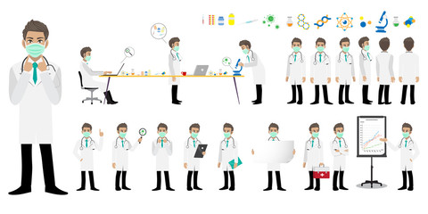 Cartoon character with a professional doctor or medical worker wearing medical mask on face in different poses to fight coronavirus on a a light blue background. Flat icon design vector
