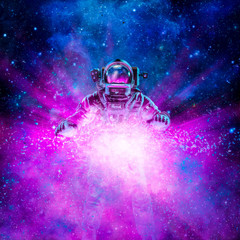 Cosmic light astronaut / 3D illustration of science fiction scene with astronaut lit by exploding galaxy in outer space © grandeduc