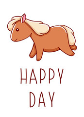 Cute kawaii hand drawn horse doodles, lettering happy day , isolated on white background