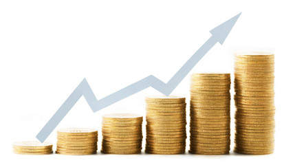 Coin stacks with increasing graph, isolated on white background