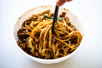 Jajangmyeon, noodle dish topped with black sauce