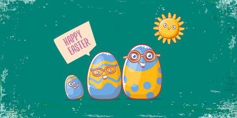 Fototapeta premium Happy easter cartoon horizontal banner with color cartoon eggs character isolate on grunge turquoise background. Vector Happy easter creative concept illustration