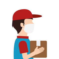 delivery worker using face mask with box carton vector illustration design