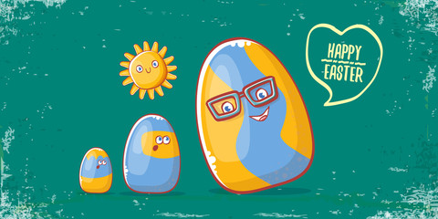 Fototapeta premium Happy easter cartoon horizontal banner with color cartoon eggs character isolate on grunge turquoise background. Vector Happy easter creative concept illustration