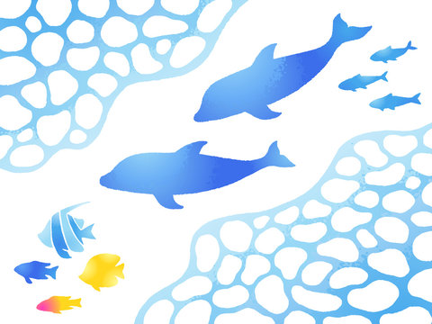 水面のフレーム・イルカ・熱帯魚の手描き風イラストセット