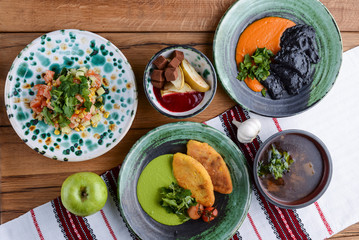 Healthy food. Ukrainian cuisine. Copy space. Healthy dishes and clean eating concept from above.
