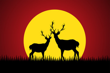 Deer silhouette standing on a hill.Night full moon on the background. Animal silhouette, paper art