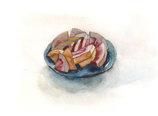 Obraz na płótnie Canvas Slices of fresh ruby grapefruit on a green ceramic plate. Watercolour illustration. 