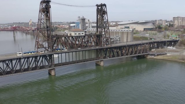 Max Blue Line Light Rail Crosses Willamette River on North Steel Bridge in Portland Oregon