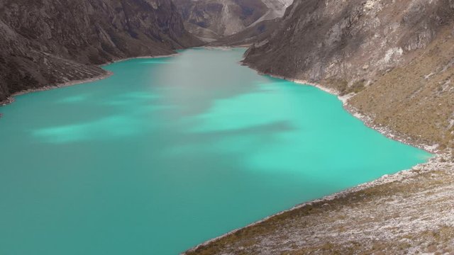 Lake paron, turquoise water, huaraz, peruvian andes, aerial shot,