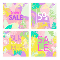 Multicolored banner. Marketing. Summer sale background decorated with leaves. Modern poster. Special offer .