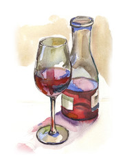 A bottle and a glass with red wine. Watercolour illustration.