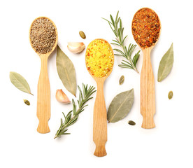 Different spices on white background