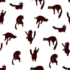 Vector seamless pattern with a hand-drawn black cats in different poses on white background. you can use it for Wallpaper, drawing fill, web page background, surface textures, bed linen, fabric.