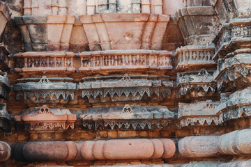 Closeup shot of the carved walls of the temple at Polo Forest in Gujarat, India