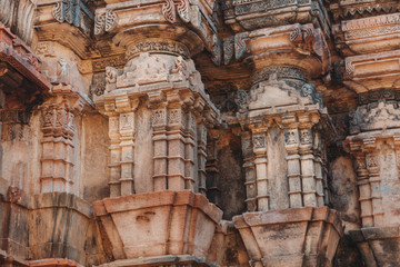 Closeup shot of the carved walls of the temple at Polo Forest in Gujarat, India