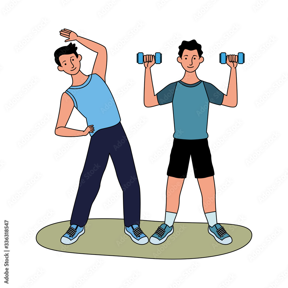 Poster young men athletes practicing exercise characters