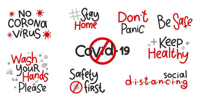 Covid-19 stickers set. Coronavirus lettering. Elements for poster, banners, coffee cups and mug, T-shirt and notebook.
