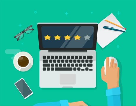 Review rating testimonials online on laptop computer workplace, customer evaluate testimony feedback experience concept desk top view vector flat cartoon, person asses rate reputation stars on pc