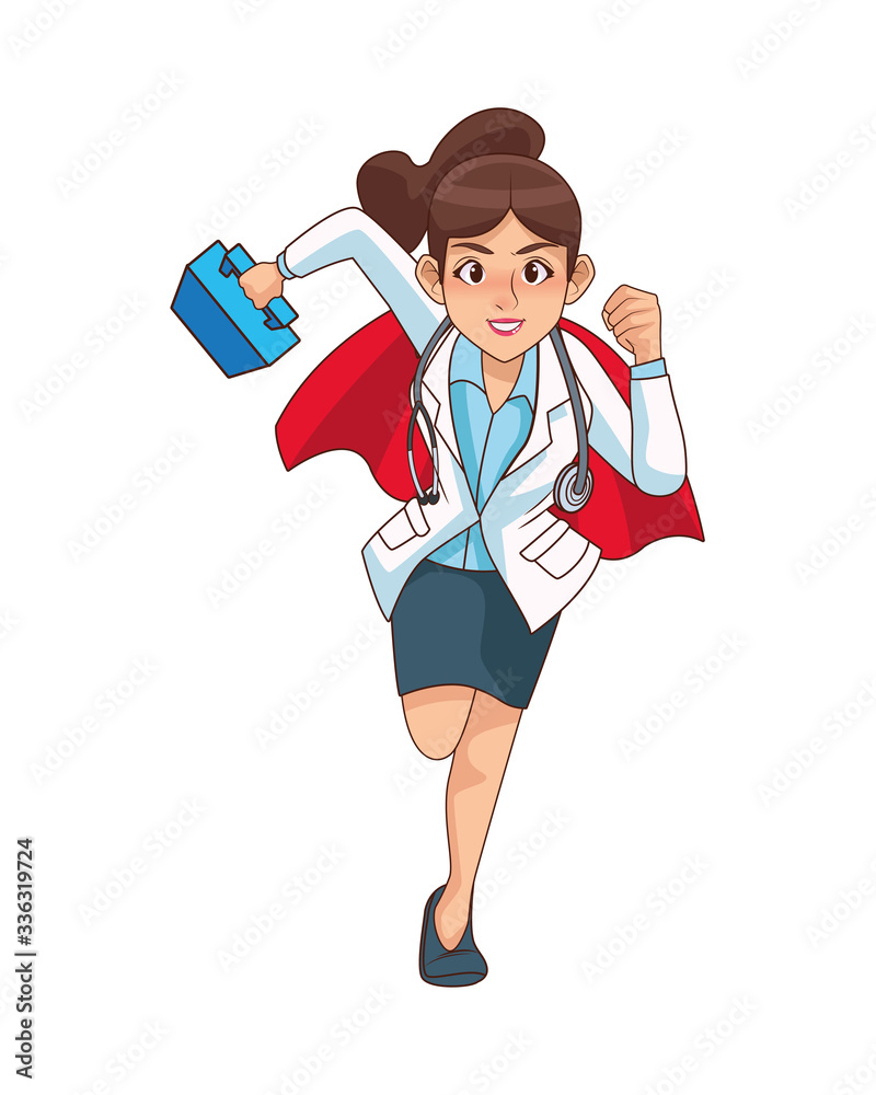 Poster super female doctor runing with medical kit