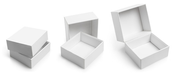 Collection of white empty carton boxes, isolated on white background