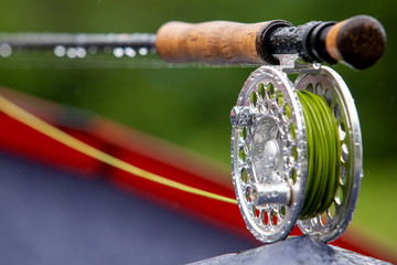 Fragment of a fly fishing rod with dew drops - 336320148