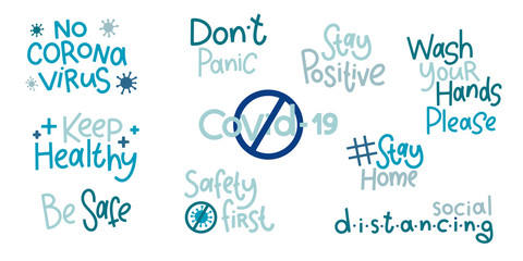 Covid-19 stickers set. Coronavirus lettering. Elements for poster, banners, coffee cups and mug, T-shirt and notebook.