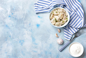 Bowl with tasty dumplings and sauce on color background