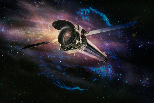 Spaceship in deep space, spacecraft flying through the universe, for futuristic deep space travel or science fiction backgrounds, bottom rear view. Elements of this image furnished by NASA.