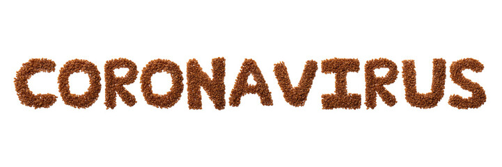 Inscription Coronavirus of the English alphabet from dry pasta from buckwheat amaranth flour on a white isolated background.Meal and medical  pattern.Sign from a photo of real pasta