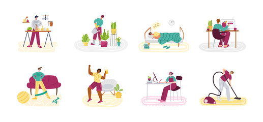 Stay home concept - people and home activities for covid-19 quarantine isolation - cooking, cleaning, dancing, sport exercise and resting, flat cartoon characters isolated on white vector illustration