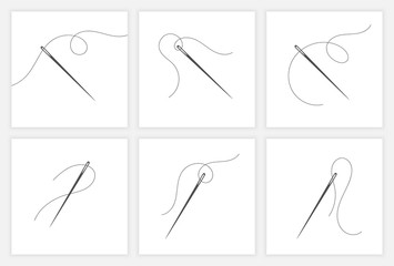 Needle and thread silhouette icon set vector illustration. Tailor logo with needle symbol and curvy thread collection isolated on white background. Handmade craft symbol, tailor skill equipment