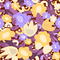 Floral seamless pattern - flowers and leaves hand drawn, surface design with botanical elements, colorful background with blossom for card, textile, wrapping or scrapbook paper - Vector illustration