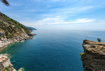 Aerial view of the coastline and seascape in the Vernazza village. Cinque Terre, National park in Liguria, La Spezia province, Italy, Europe. UNESCO world heritage site