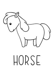 Obraz na płótnie Canvas Coloring pages, black and white cute kawaii hand drawn horse doodles, lettering horse