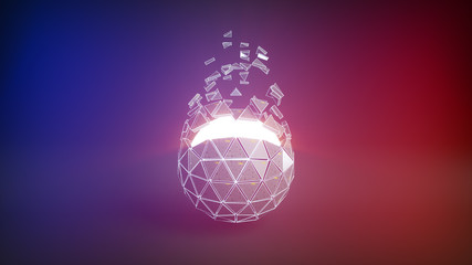 Icosahedron ball shape and flying polygons 3D render