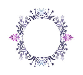 Frame with hand-drawn ikat motif ornament. Vector card decor. Isolated circular ornate