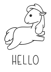 Coloring pages, black and white cute kawaii hand drawn horse doodles, lettering hello