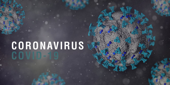 Coronavirus Covid-19 on black background. Concept of SARS-CoV-2. Virus Infection. Medical wallpaper. 3D illustration of coronavirus.