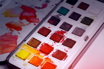Set of watercolor paints, brushes for painting