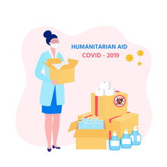 Covid-19 virus. China Coronavirus Epidemic. Humanitarian Support: masks, sanitizer gel, toilet paper. Goodwill Mission in Suffering from Coronavirus Epidemic. Doctor with box in hand.