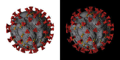 Coronavirus Covid-19 black and white background. Concept of SARS-CoV-2. Virus Infection. Medical wallpaper. 3D illustration of coronavirus.