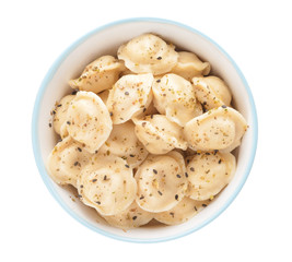 Bowl with tasty dumplings on white background