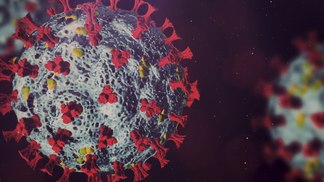Microscopic view of Coronavirus Covid-19. Red Concept of SARS-CoV-2. Virus Infection. Medical wallpaper. 3D illustration of coronavirus.