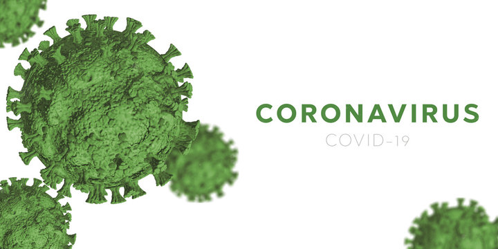 Microscopic view of Coronavirus Covid-19. Green Concept of SARS-CoV-2. Virus Infection. Medical wallpaper. 3D illustration of coronavirus. White background.