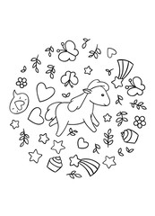 Coloring pages, black and white cute kawaii hand drawn horse doodles, circle print