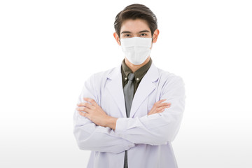 Young Asian man in lab coat in white background